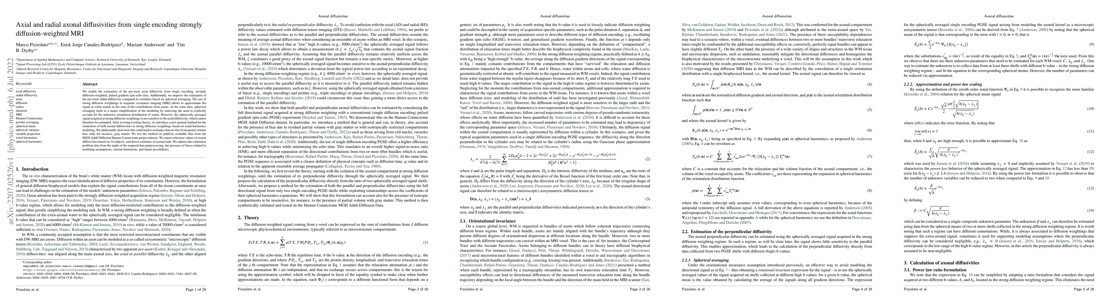 Thumbnail for Axial and radial axonal diffusivities from single encoding strongly
  diffusion-weighted MRI