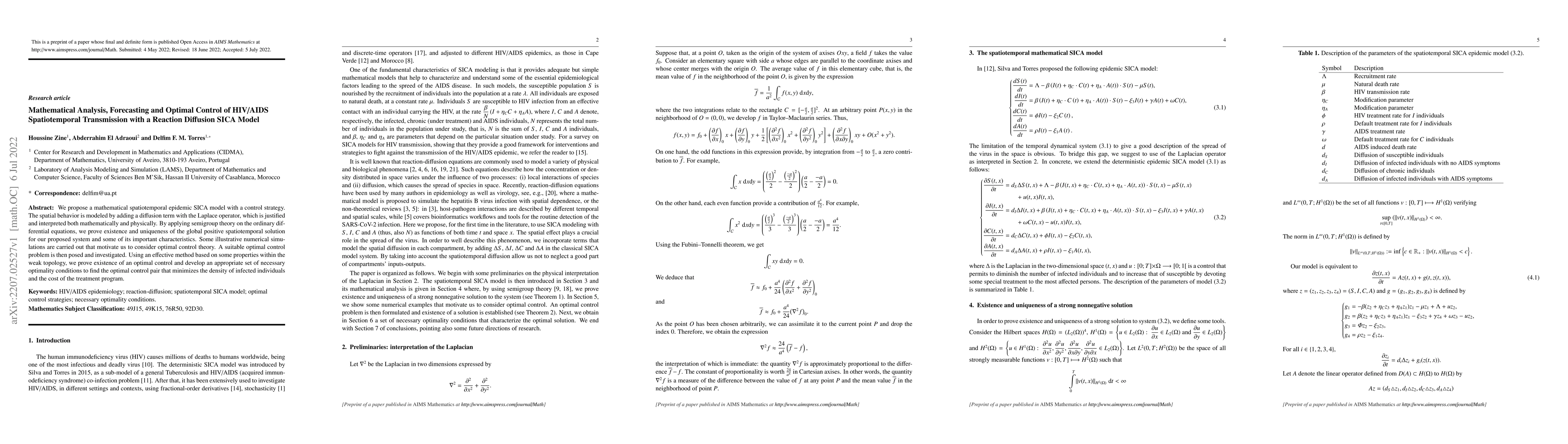 Thumbnail for Mathematical Analysis, Forecasting and Optimal Control of HIV/AIDS
  Spatiotemporal Transmission with a Reaction Diffusion SICA Model