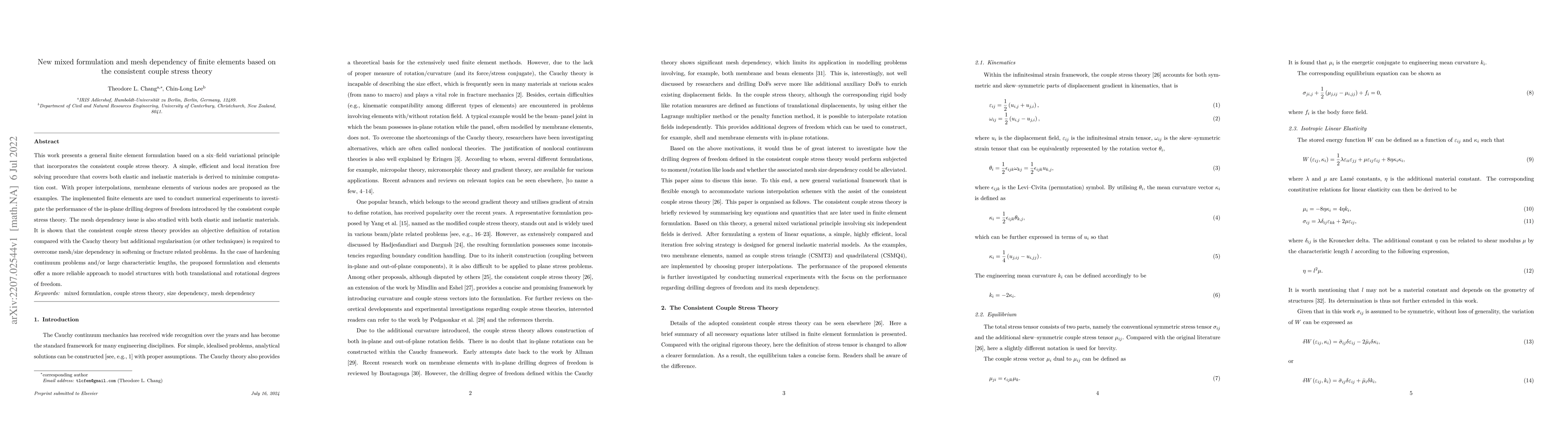 Thumbnail for New mixed formulation and mesh dependency of finite elements based on
  the consistent couple stress theory