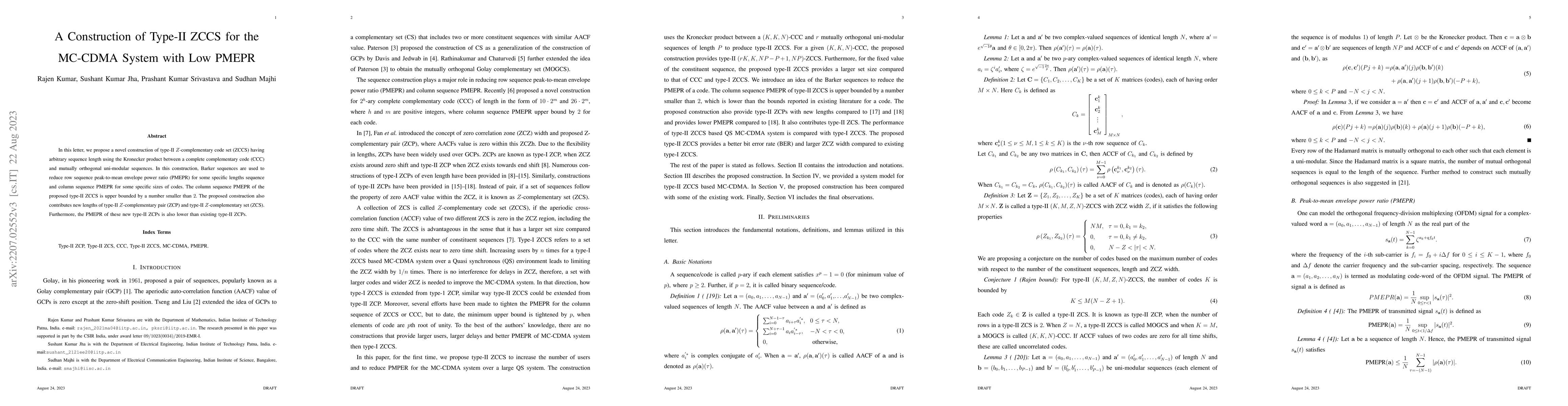 Thumbnail for A Construction of Type-II ZCCS for the MC-CDMA System with Low PMEPR