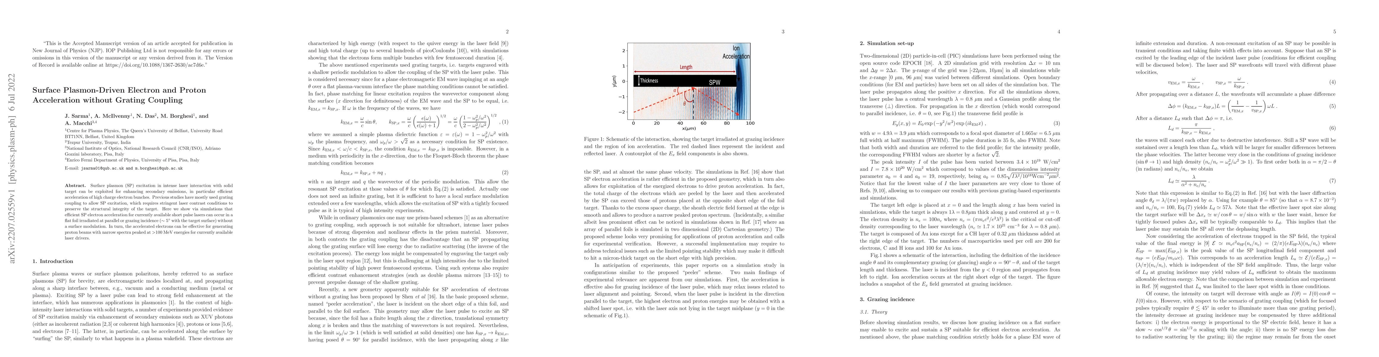 Thumbnail for Surface Plasmon-Driven Electron and Proton Acceleration without Grating
  Coupling
