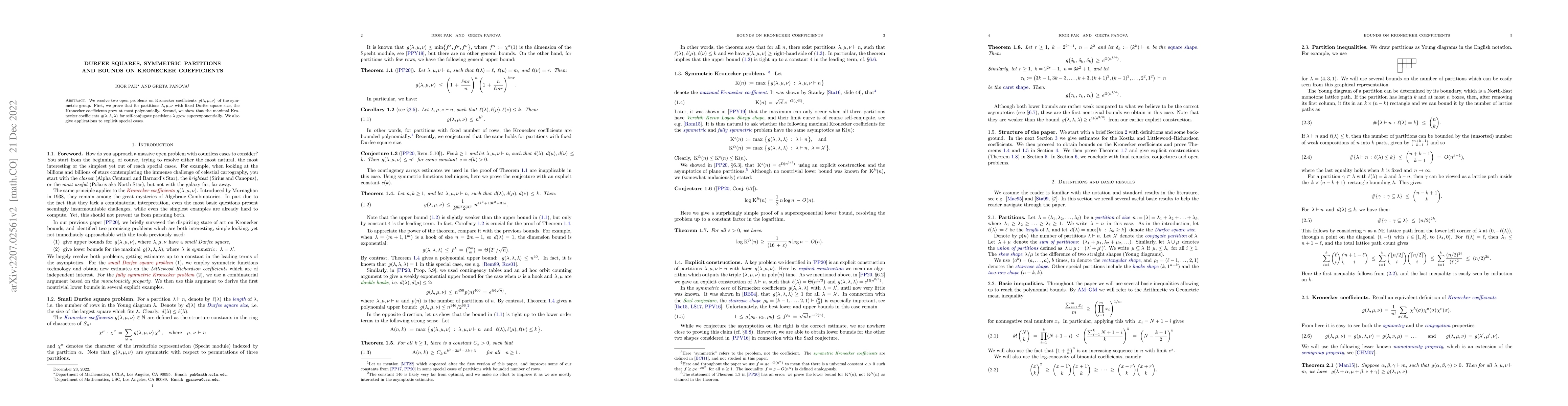 Thumbnail for Durfee squares, symmetric partitions and bounds on Kronecker
  coefficients