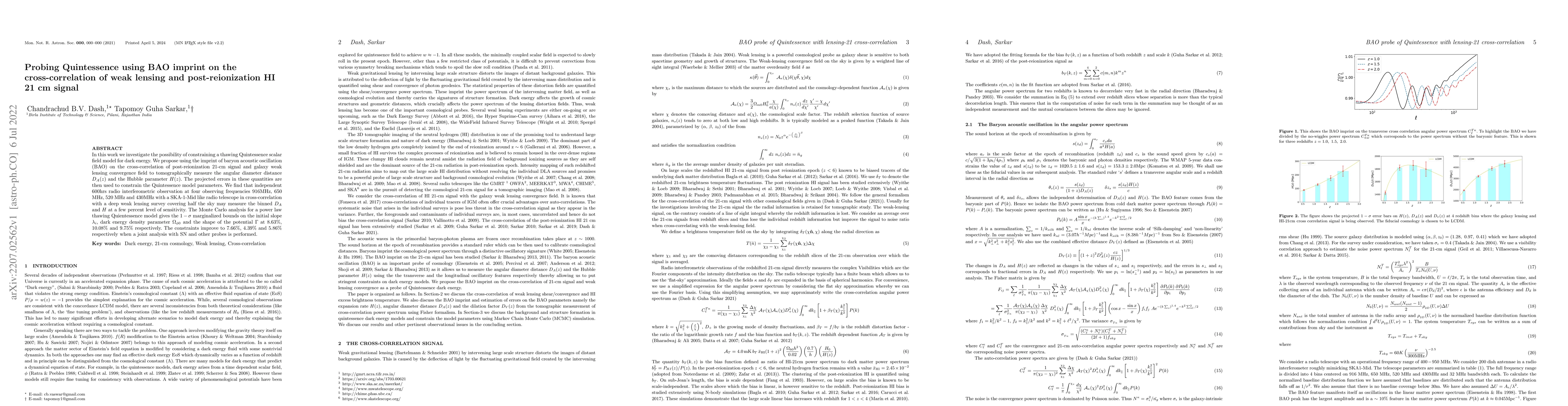 Thumbnail for Probing Quintessence using BAO imprint on the cross-correlation of weak
  lensing and post-reionization HI 21 cm signal