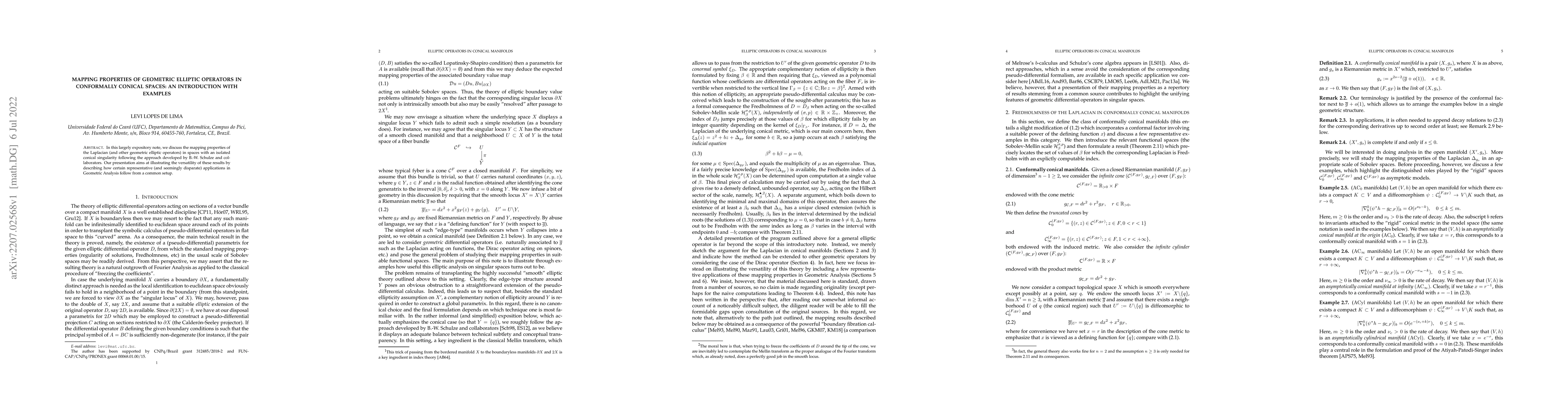 Thumbnail for Mapping properties of geometric elliptic operators in conformally
  conical spaces: an introduction with examples