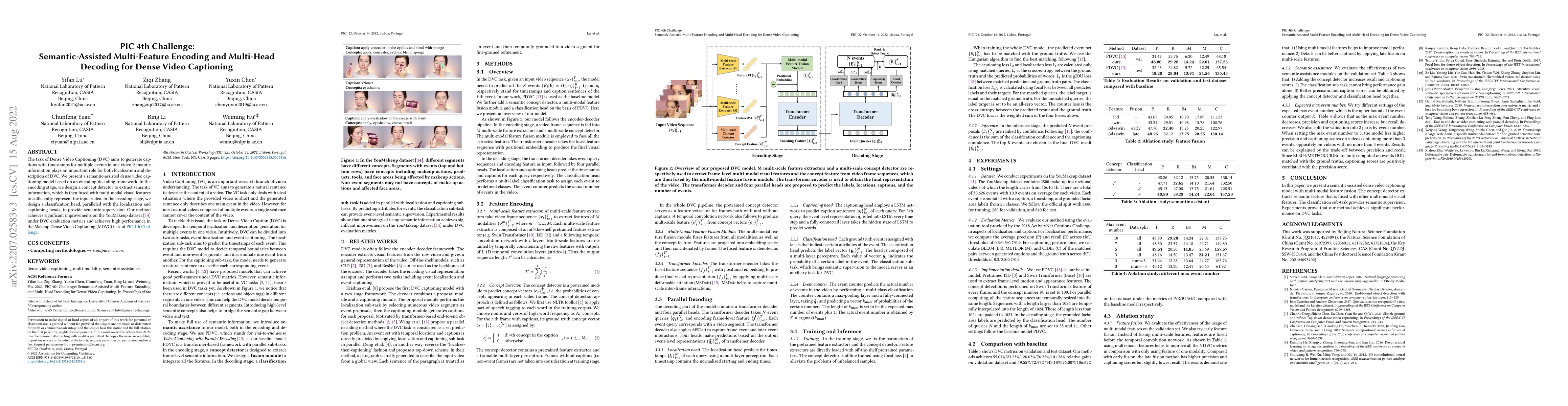 Thumbnail for PIC 4th Challenge: Semantic-Assisted Multi-Feature Encoding and
  Multi-Head Decoding for Dense Video Captioning