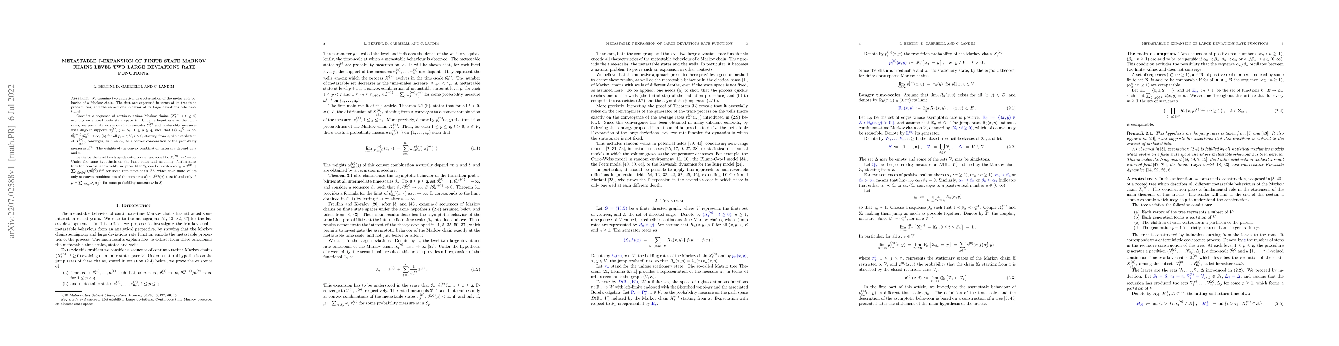Thumbnail for Metastable $\Gamma$-expansion of finite state Markov chains level two
  large deviations rate functions
