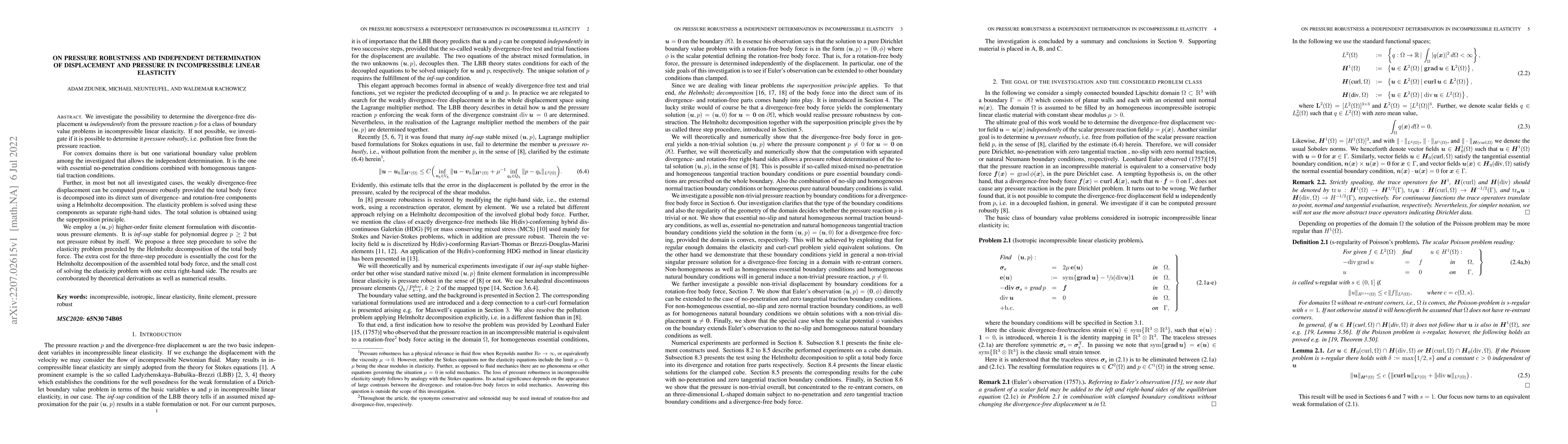 Thumbnail for On pressure robustness and independent determination of displacement and
  pressure in incompressible linear elasticity