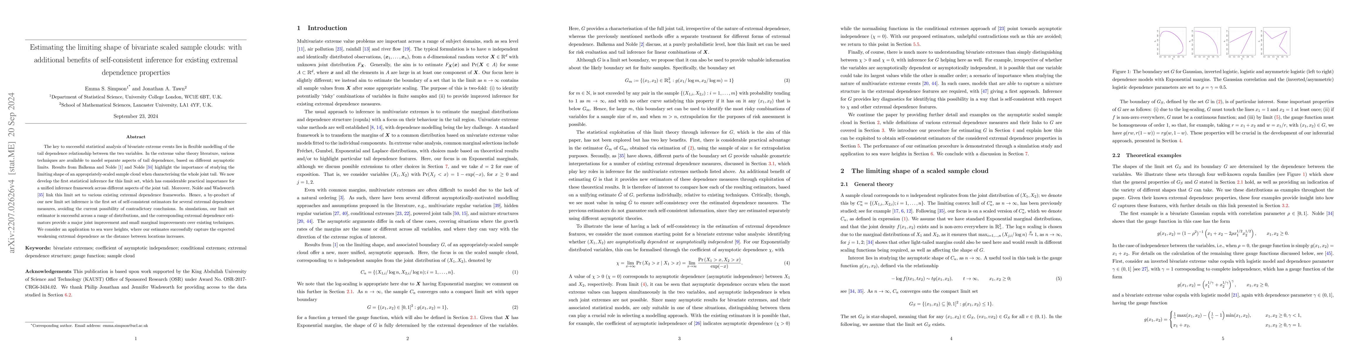 Thumbnail for Estimating the limiting shape of bivariate scaled sample clouds: with
  additional benefits of self-consistent inference for existing extremal
  dependence properties