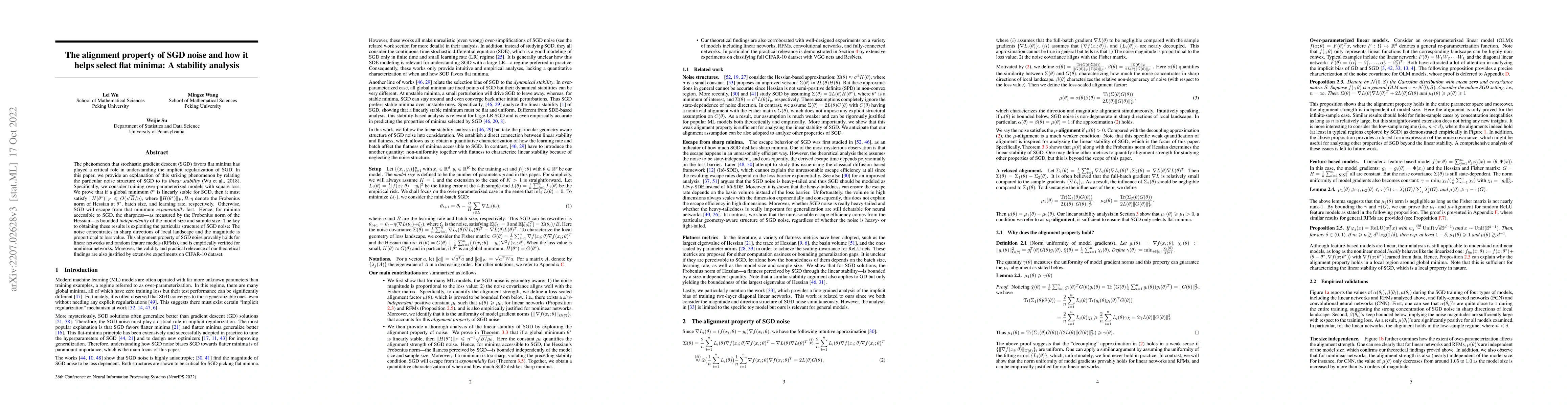 Thumbnail for The alignment property of SGD noise and how it helps select flat minima:
  A stability analysis