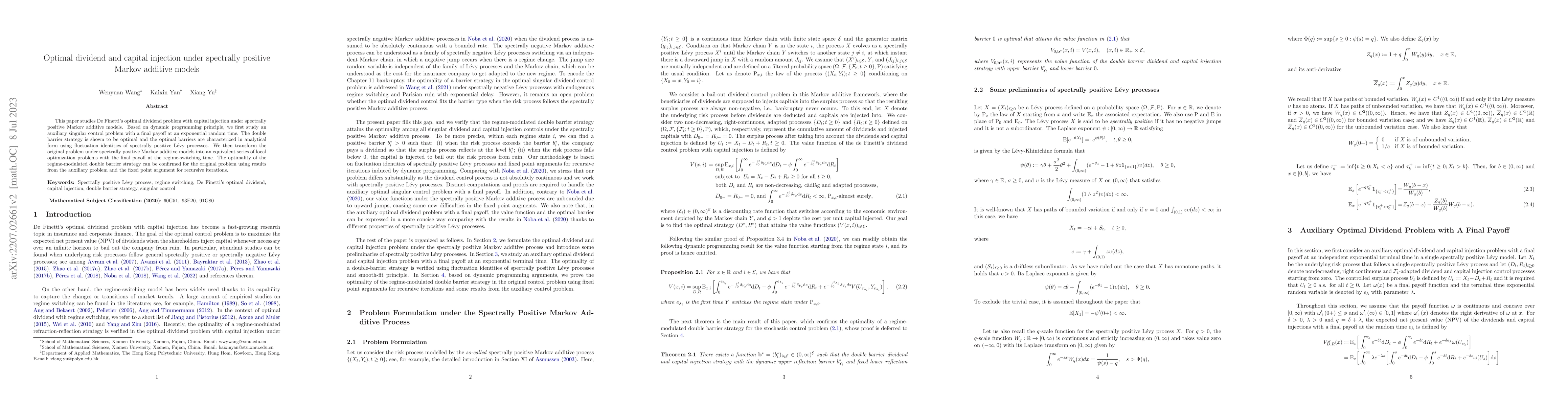 Thumbnail for Optimal dividend and capital injection under spectrally positive Markov
  additive models