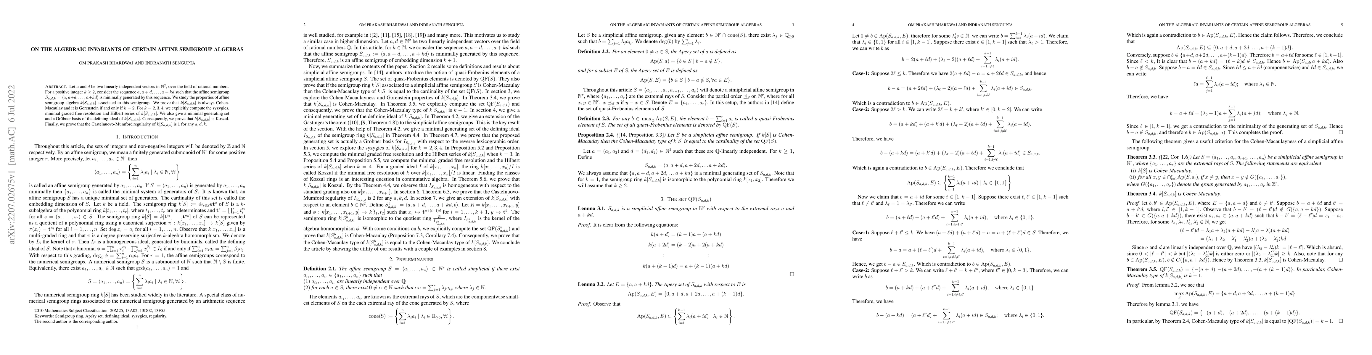 Thumbnail for On the algebraic invariants of certain affine semigroup algebras