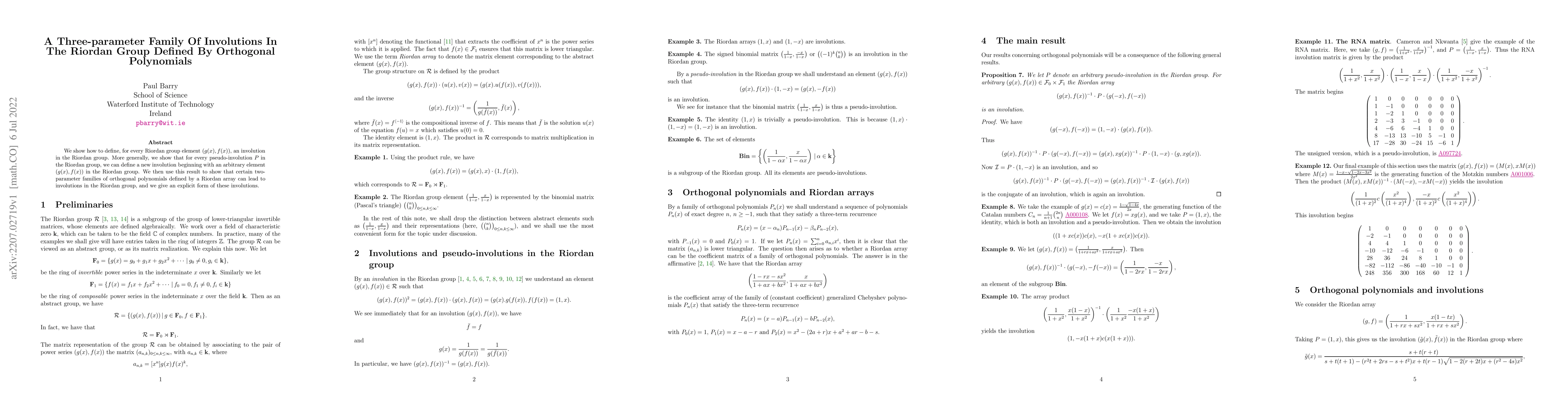 Thumbnail for A Three-parameter Family Of Involutions In The Riordan Group Defined By
  Orthogonal Polynomials