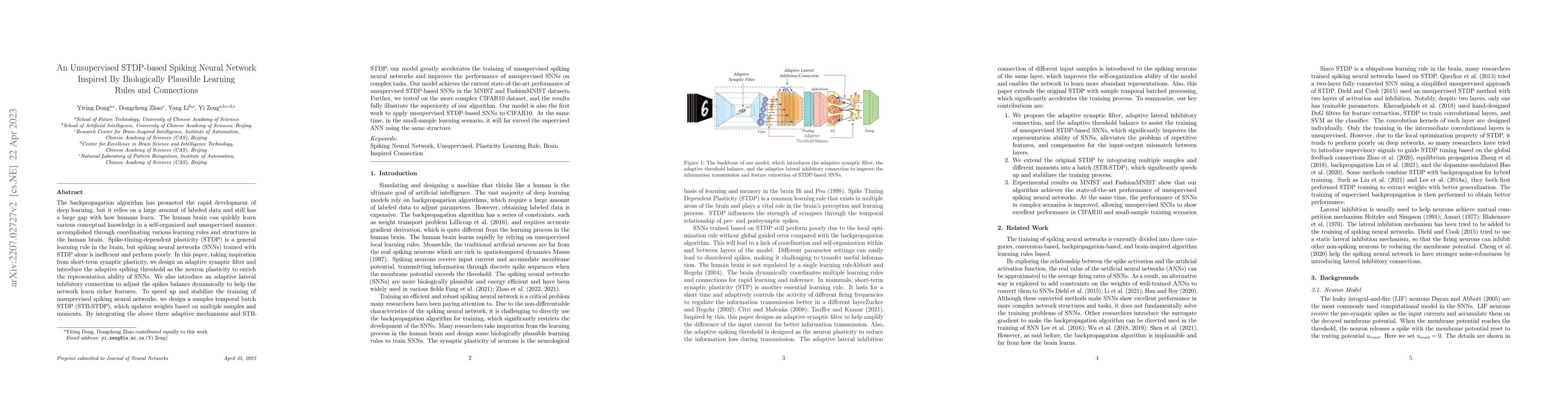 Thumbnail for An Unsupervised STDP-based Spiking Neural Network Inspired By
  Biologically Plausible Learning Rules and Connections