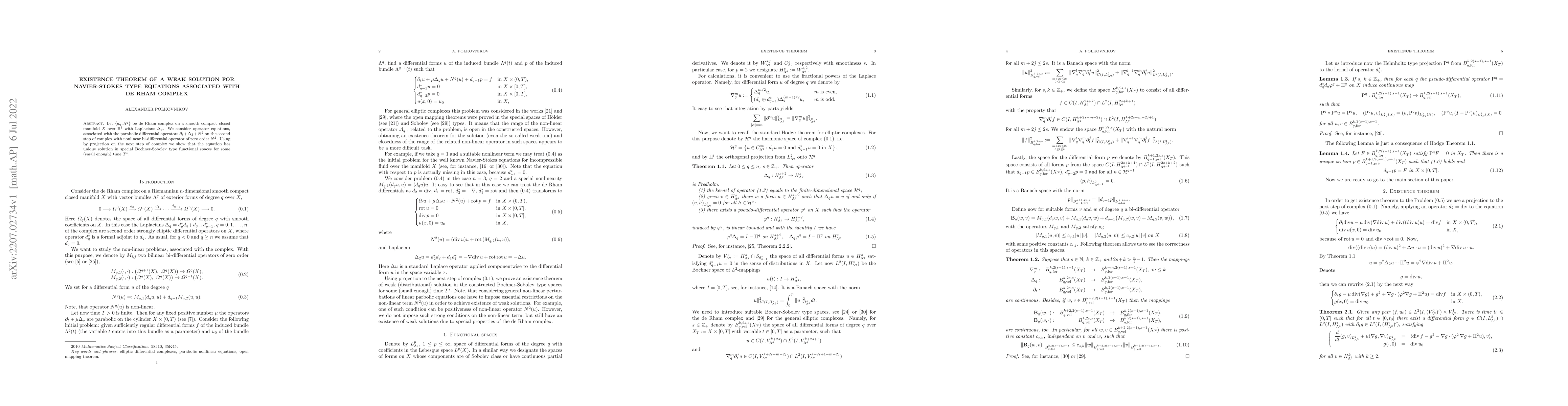 Thumbnail for Existence theorem of a weak solution for Navier-Stokes type equations
  associated with de Rham complex