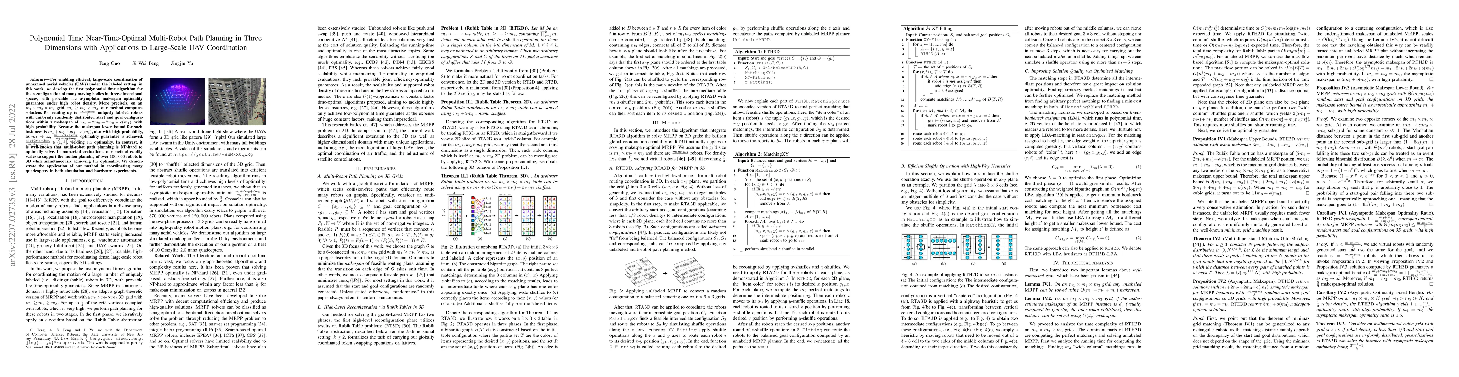 Thumbnail for Polynomial Time Near-Time-Optimal Multi-Robot Path Planning in Three
  Dimensions with Applications to Large-Scale UAV Coordination
