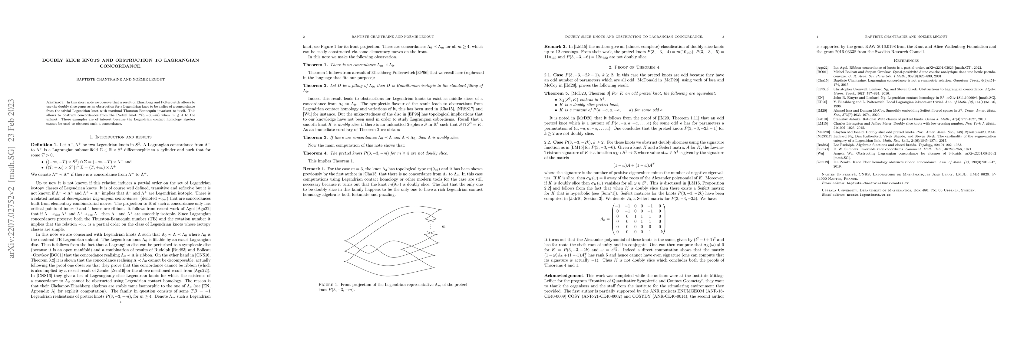 Thumbnail for Doubly slice knots and obstruction to Lagrangian concordance