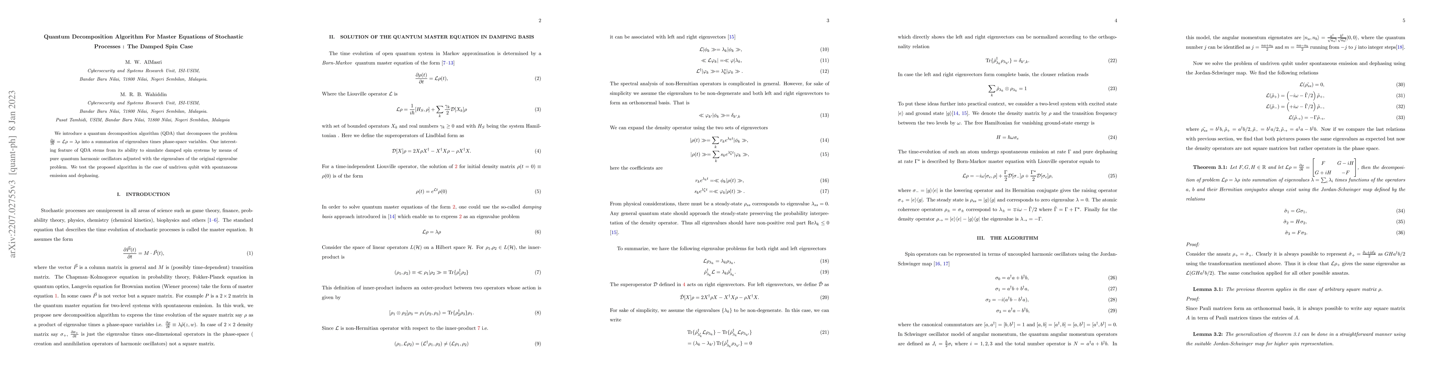 Thumbnail for Quantum Decomposition Algorithm For Master Equations of Stochastic
  Processes: The Damped Spin Case