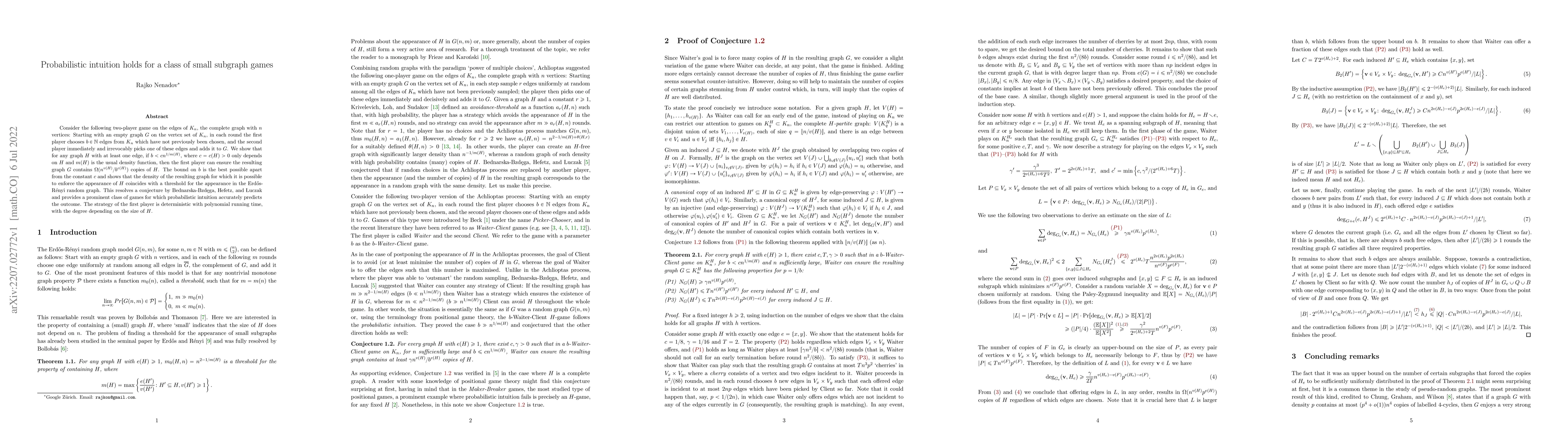 Thumbnail for Probabilistic intuition holds for a class of small subgraph games