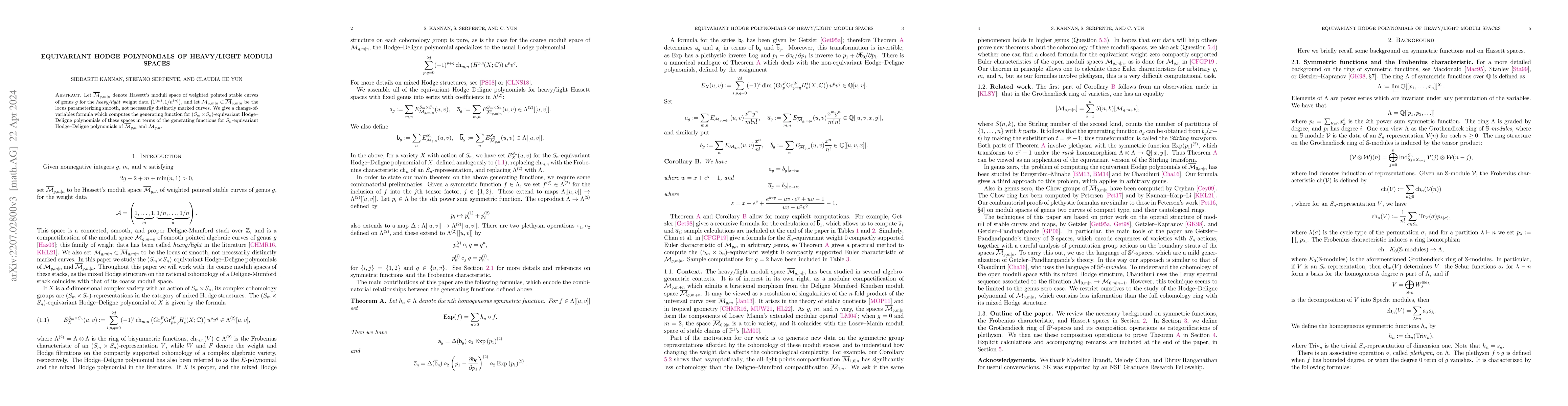 Thumbnail for Equivariant Hodge polynomials of heavy/light moduli spaces