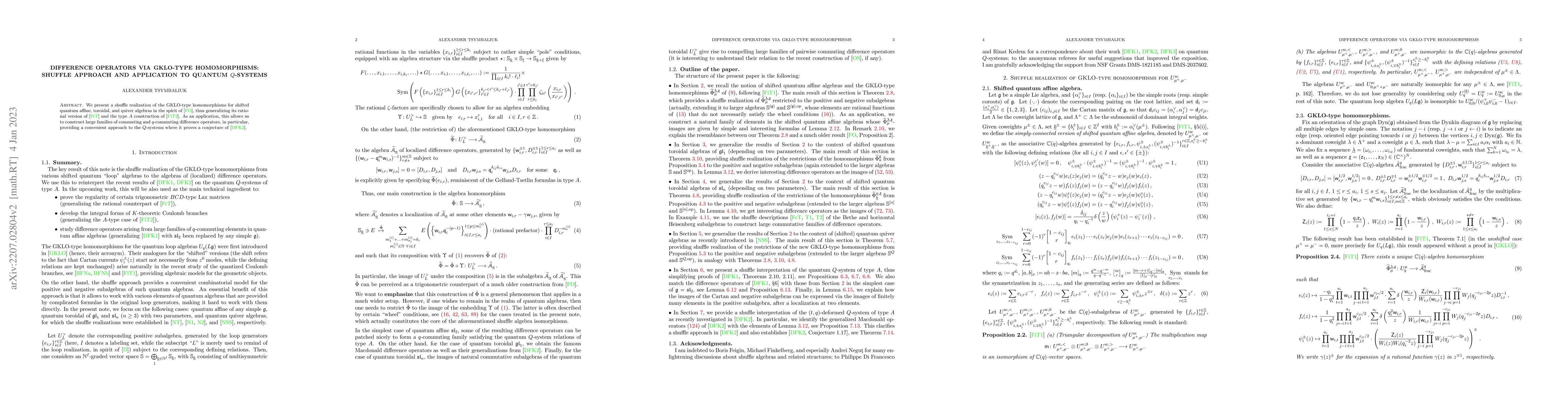 Thumbnail for Difference operators via GKLO-type homomorphisms: shuffle approach and
  application to quantum Q-systems