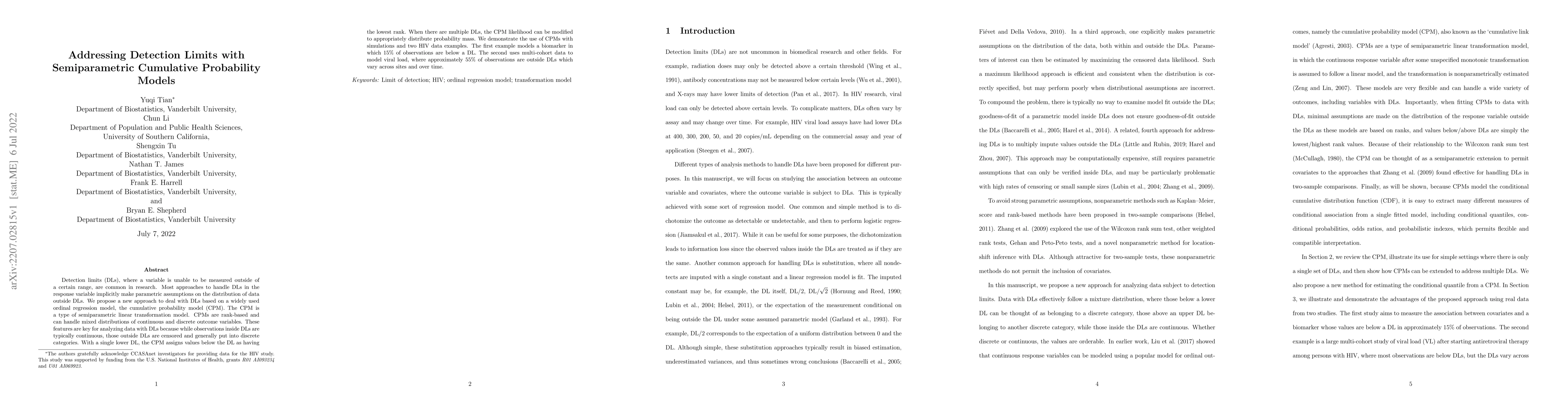 Thumbnail for Addressing Detection Limits with Semiparametric Cumulative Probability
  Models
