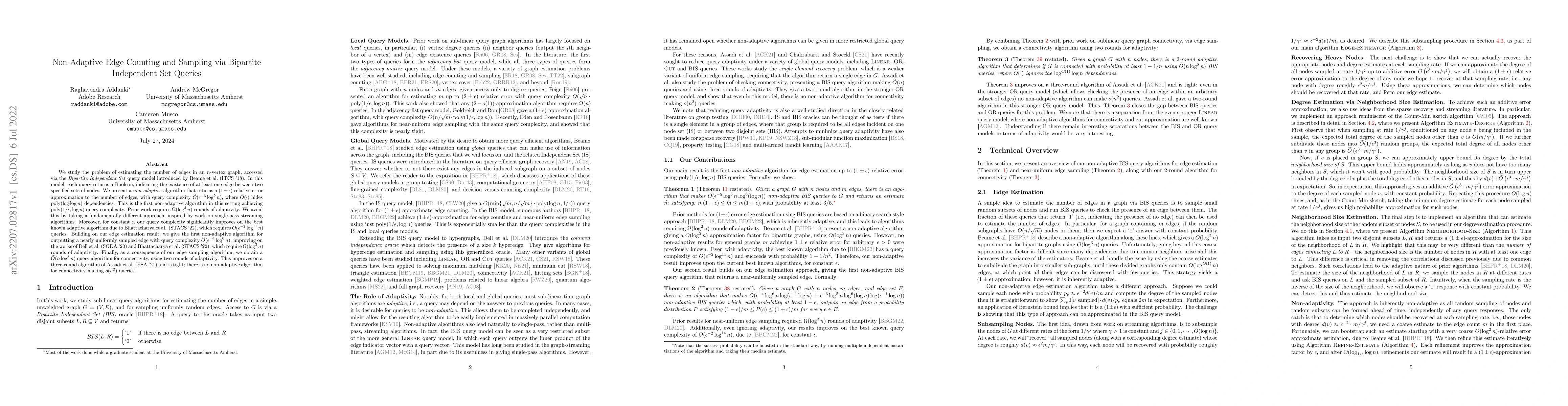 Thumbnail for Non-Adaptive Edge Counting and Sampling via Bipartite Independent Set
  Queries