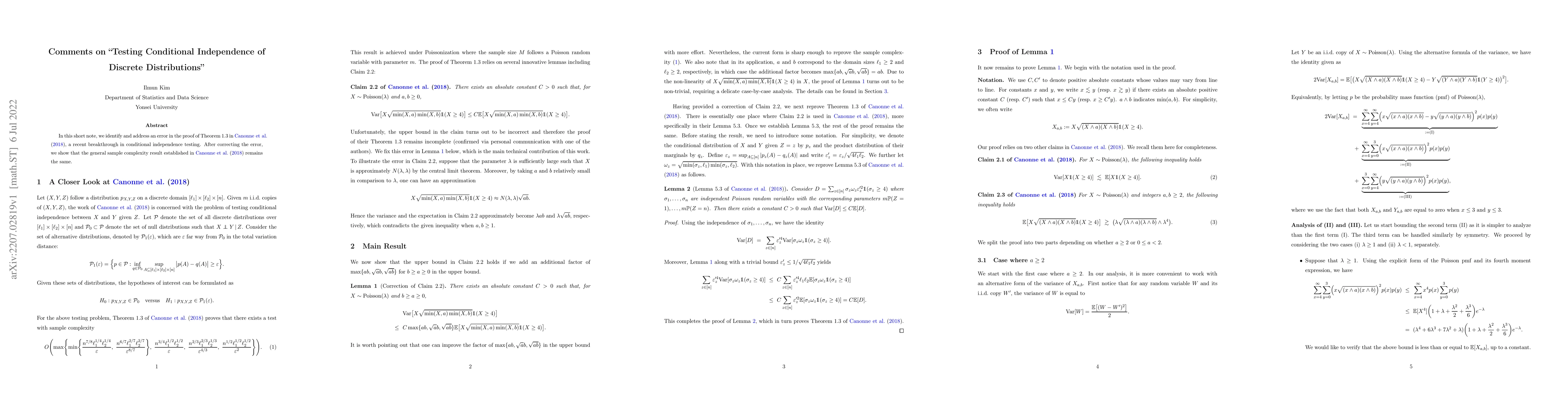 Thumbnail for Comments on "Testing Conditional Independence of Discrete Distributions"