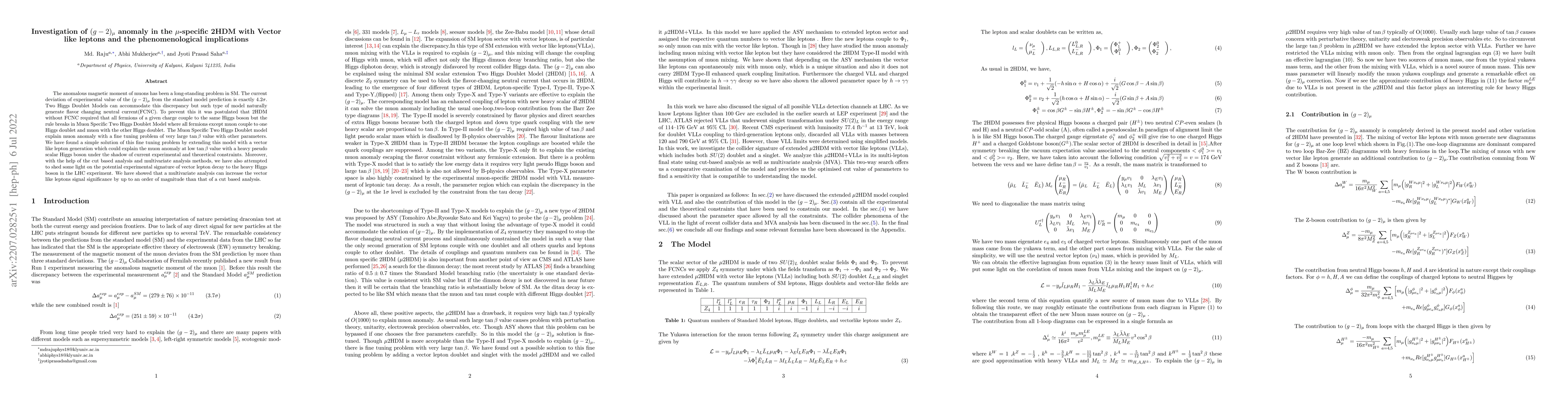 Thumbnail for Investigation of $(g-2)_{\mu}$ anomaly in the $\mu$-specific 2HDM with
  Vector like leptons and the phenomenological implications