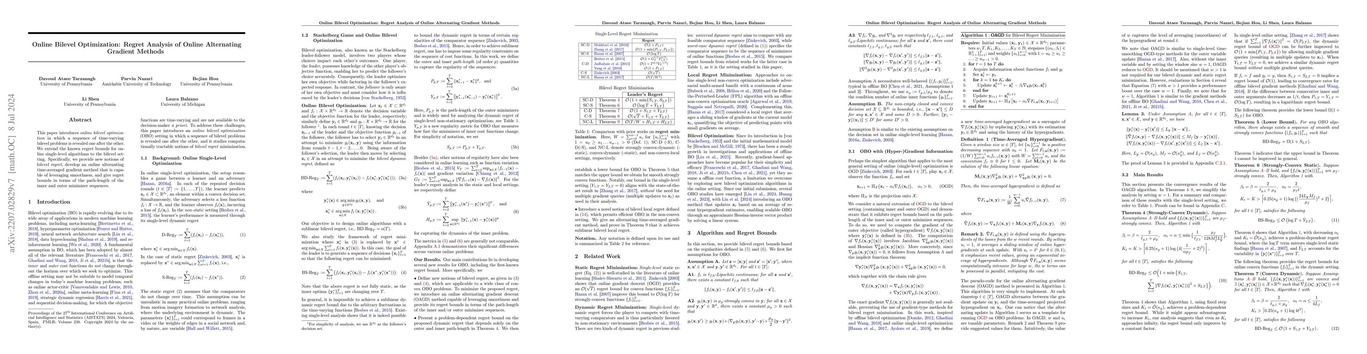 Thumbnail for Online Bilevel Optimization: Regret Analysis of Online Alternating
  Gradient Methods