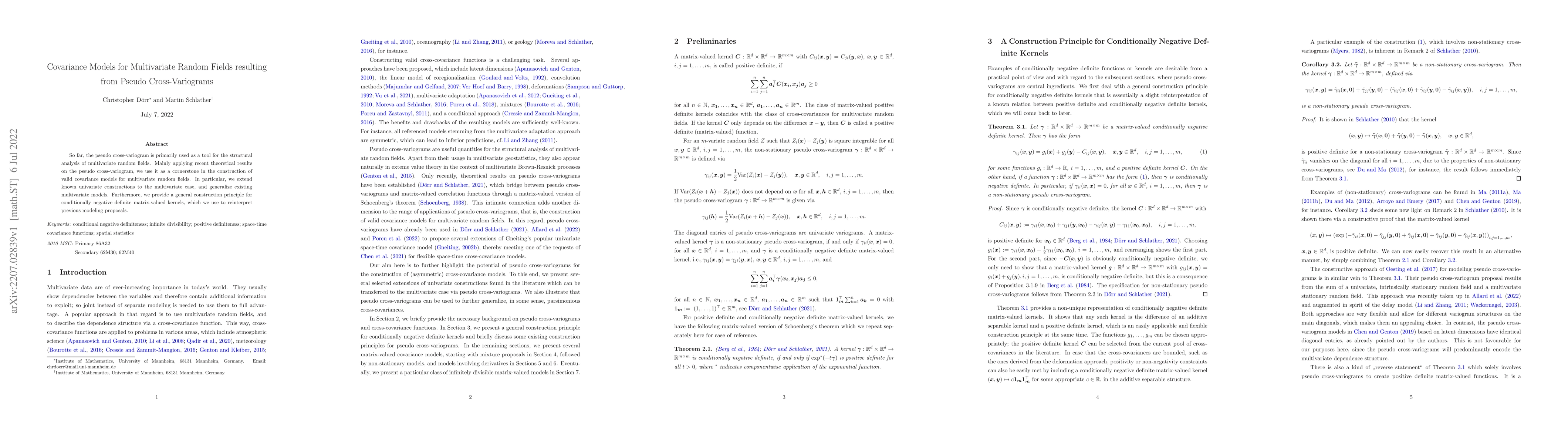 Thumbnail for Covariance Models for Multivariate Random Fields resulting from Pseudo
  Cross-Variograms