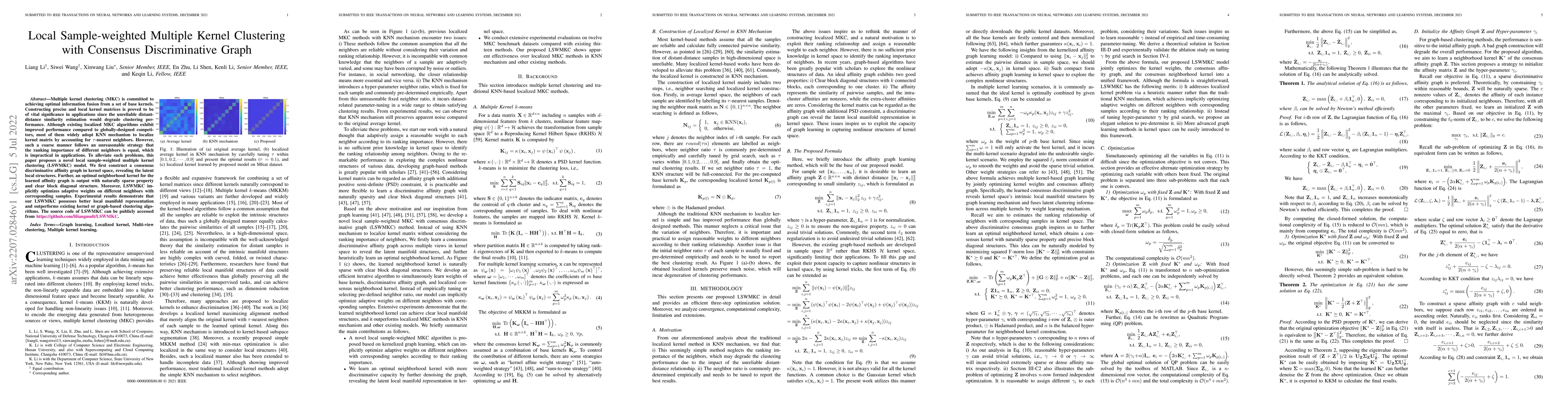 Thumbnail for Local Sample-weighted Multiple Kernel Clustering with Consensus
  Discriminative Graph