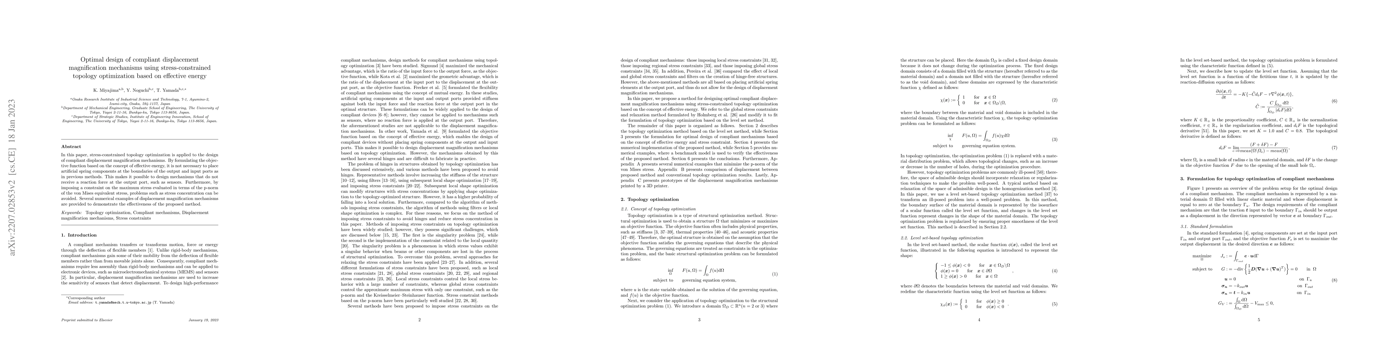 Thumbnail for Optimal design of compliant displacement magnification mechanisms using
  stress-constrained topology optimization based on effective energy