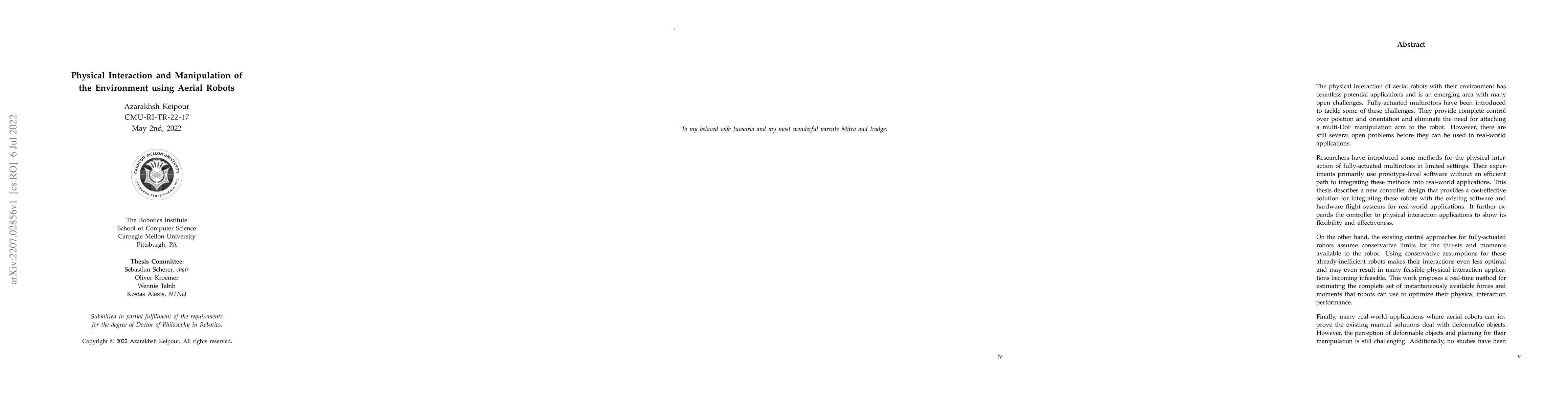 Thumbnail for Physical Interaction and Manipulation of the Environment using Aerial
  Robots