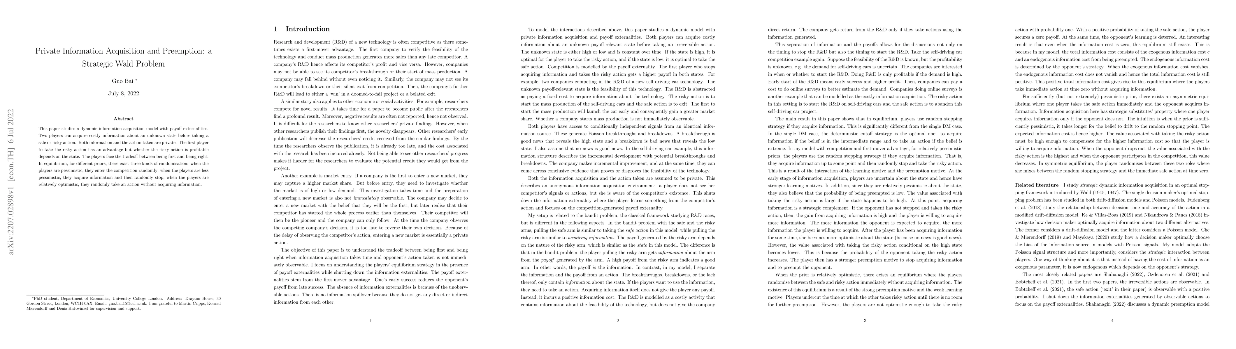 Thumbnail for Private Information Acquisition and Preemption: a Strategic Wald Problem