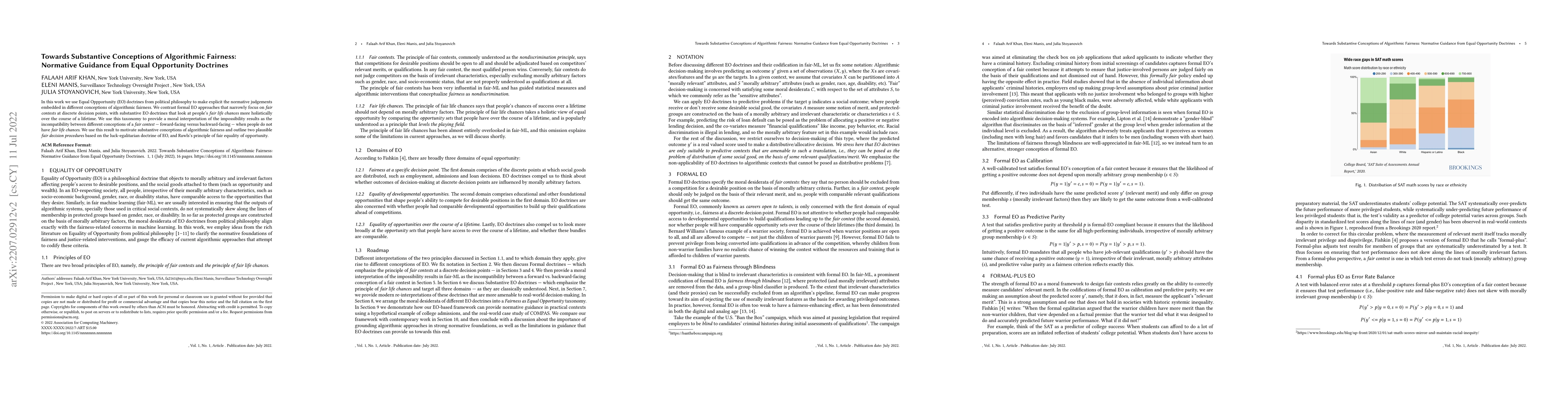 Thumbnail for Towards Substantive Conceptions of Algorithmic Fairness: Normative
  Guidance from Equal Opportunity Doctrines