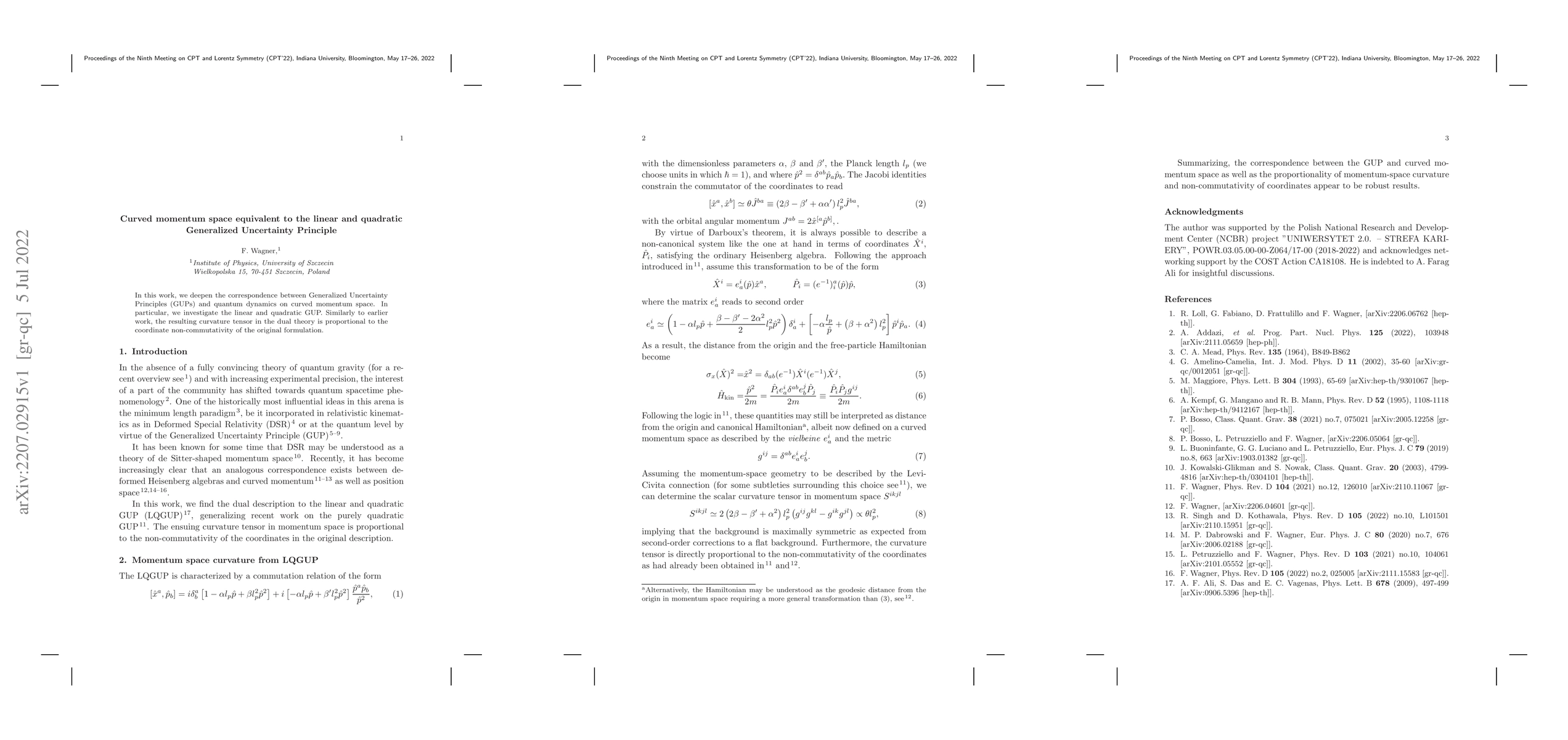 Thumbnail for Curved momentum space equivalent to the linear and quadratic Generalized
  Uncertainty Principle