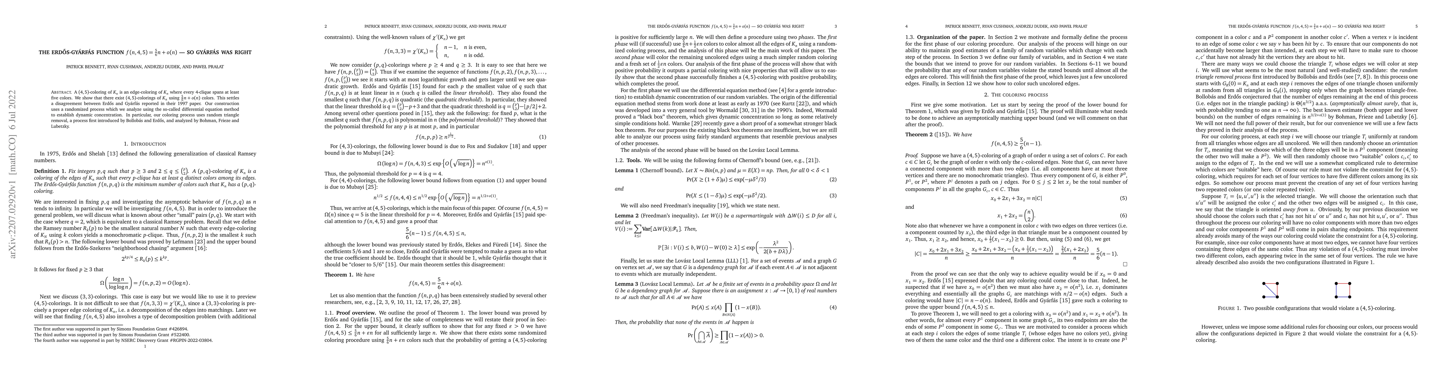 Thumbnail for The Erd\H{o}s-Gy\'arf\'as function $f(n, 4, 5) = \frac 56 n + o(n)$ --
  so Gy\'arf\'as was right
