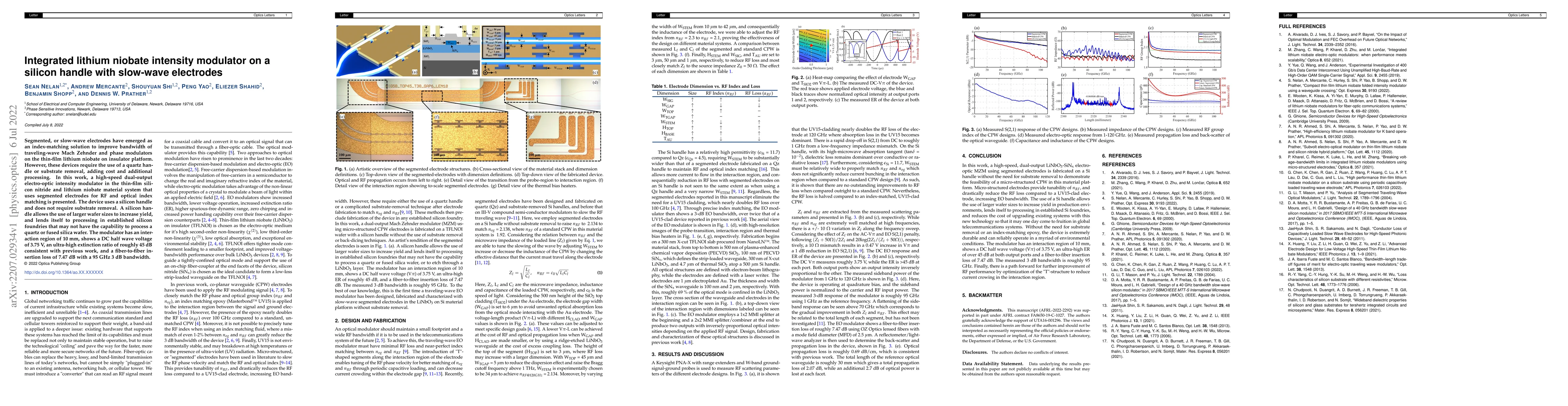 Thumbnail for Integrated lithium niobate intensity modulator on a silicon handle with
  slow-wave electrodes