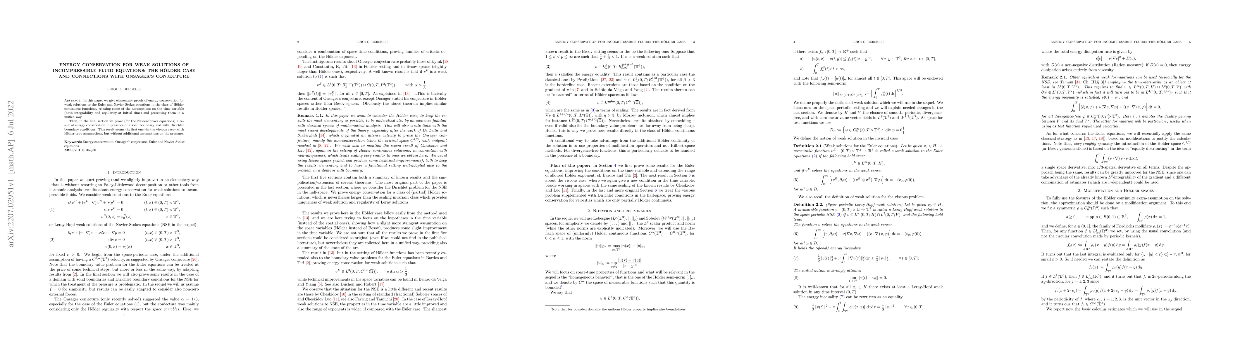 Thumbnail for Energy conservation for weak solutions of incompressible fluid
  equations: the H\"older case and connections with Onsager's conjecture