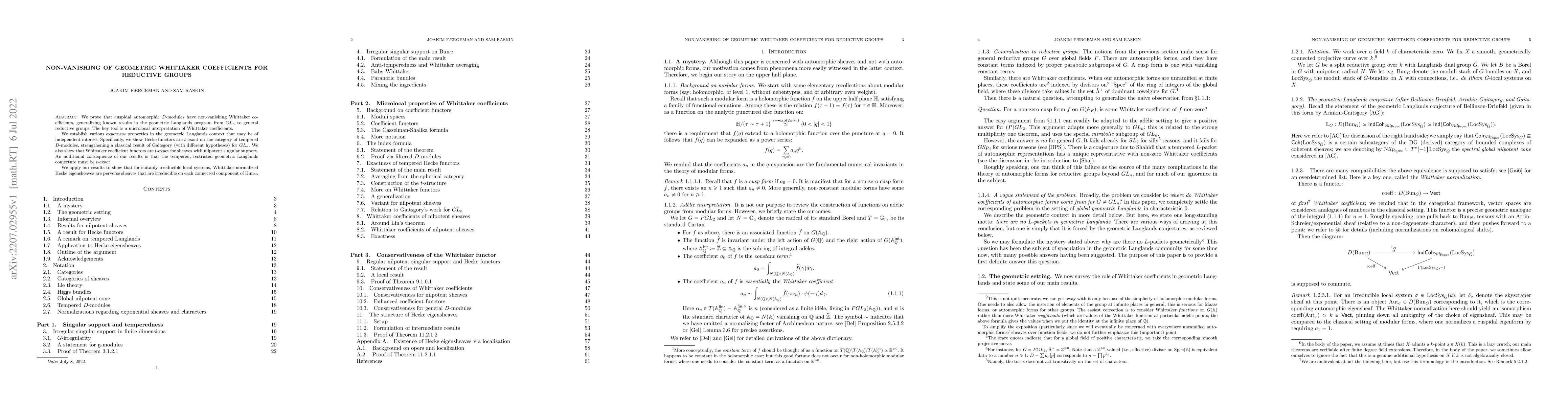 Thumbnail for Non-vanishing of geometric Whittaker coefficients for reductive groups