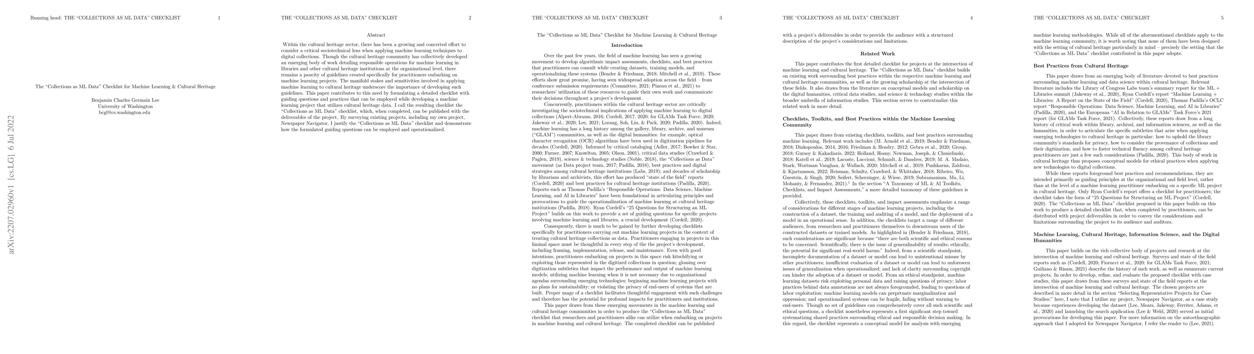 Thumbnail for The "Collections as ML Data" Checklist for Machine Learning & Cultural
  Heritage