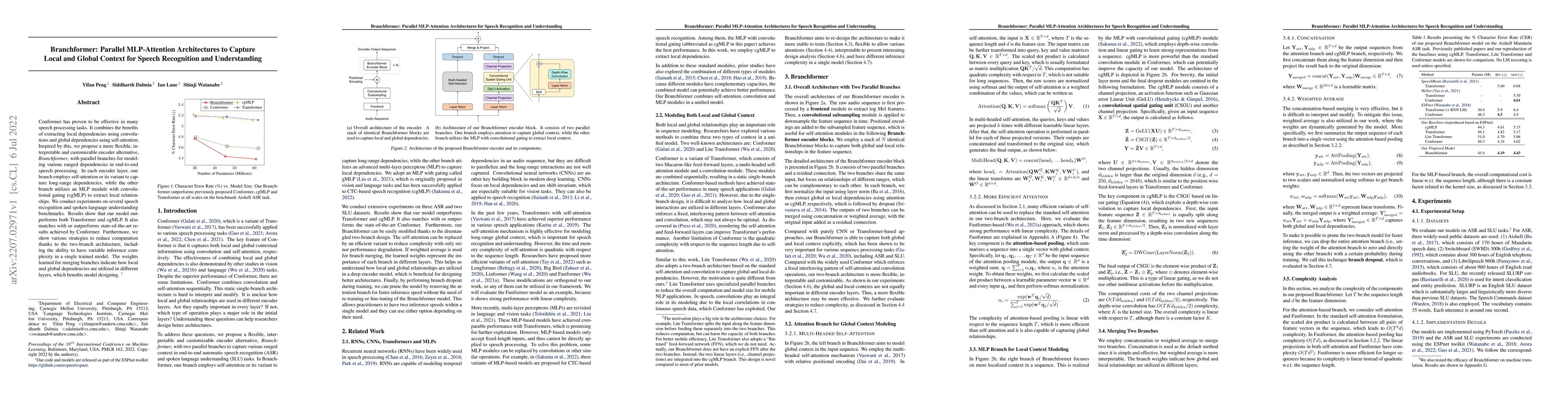 Thumbnail for Branchformer: Parallel MLP-Attention Architectures to Capture Local and
  Global Context for Speech Recognition and Understanding