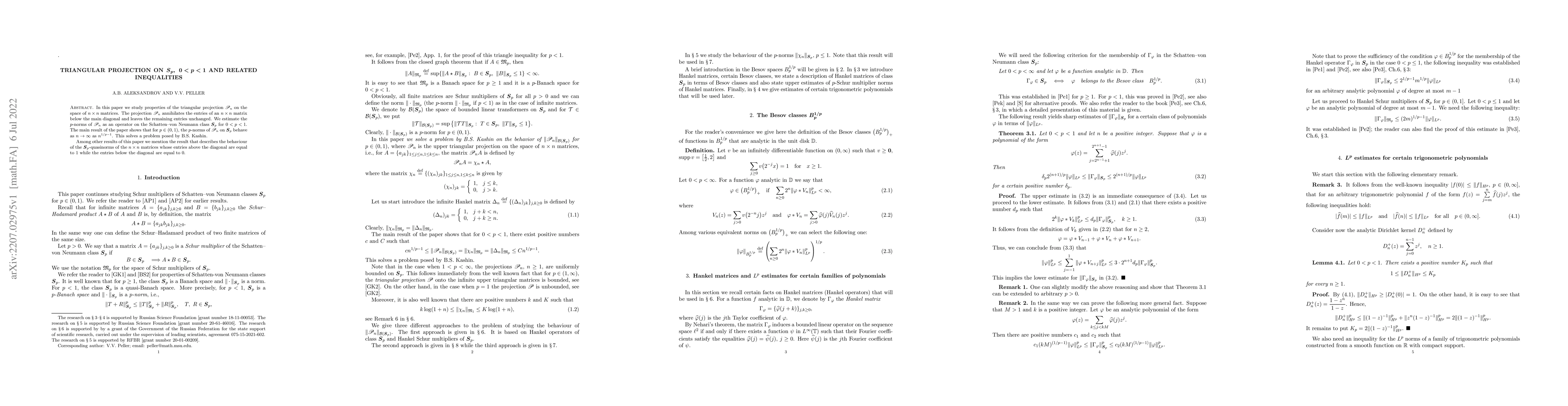 Thumbnail for Triangular projection on $\boldsymbol{S}_p,~0<p<1,$ and related
  inequalities