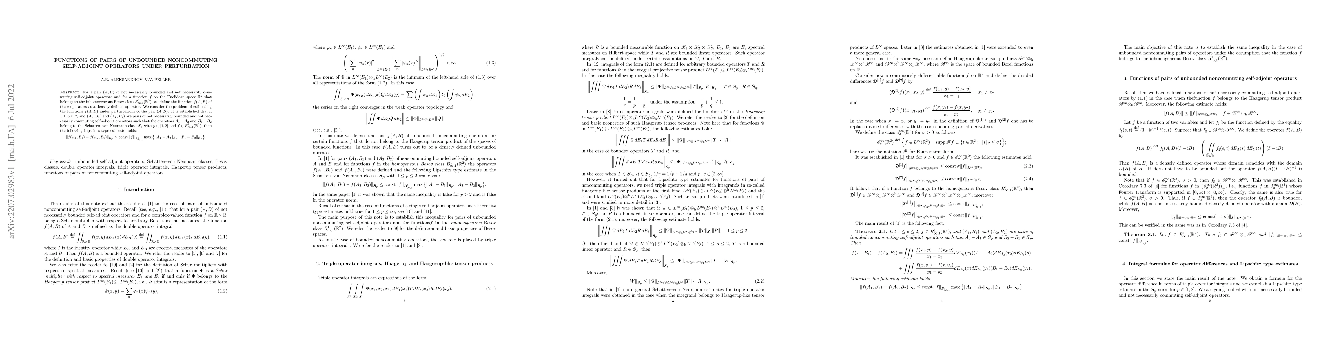 Thumbnail for Functions of pairs of unbounded noncommuting self-adjoint operators
  under perturbation
