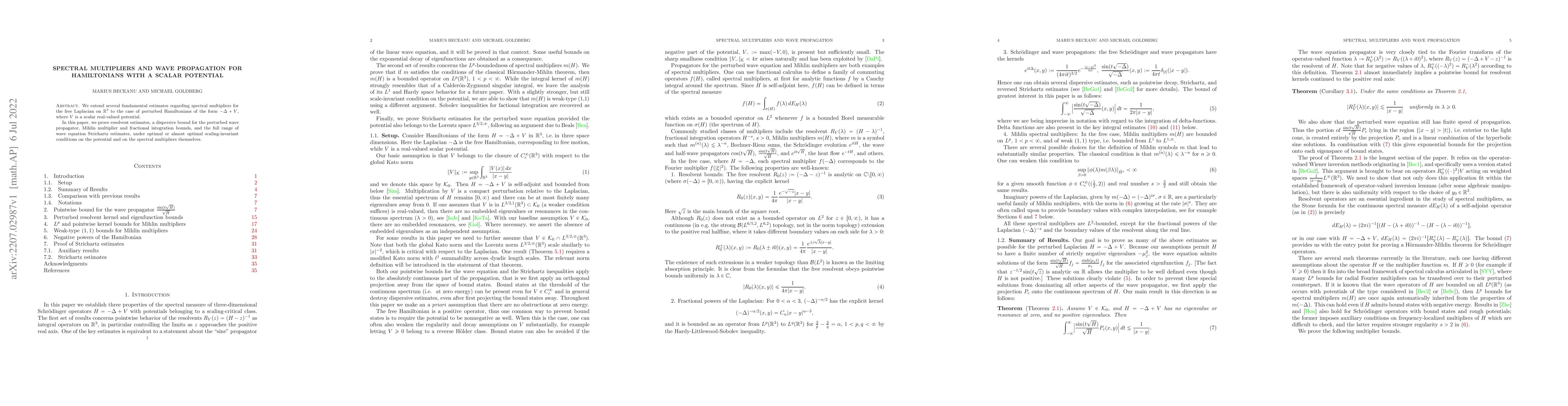 Thumbnail for Spectral multipliers and wave propagation for Hamiltonians with a scalar
  potential