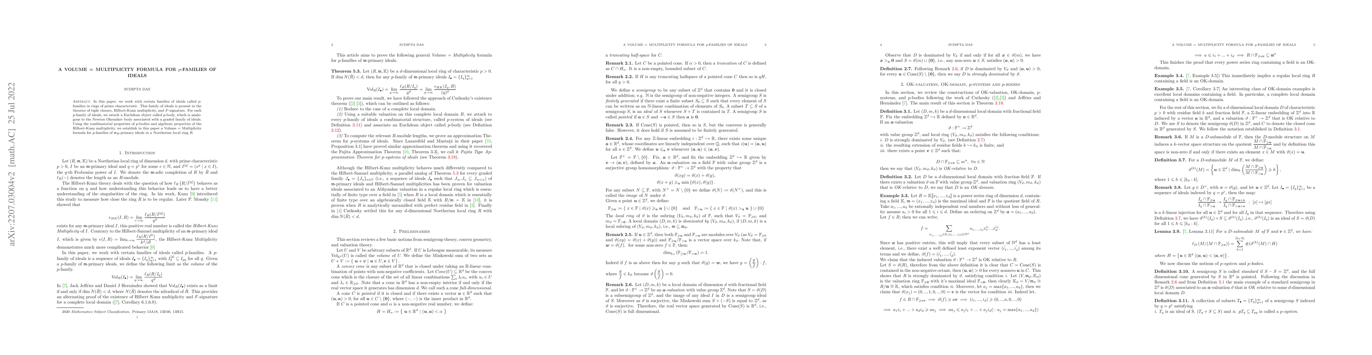 Thumbnail for A Volume = Multiplicity formula for $p$-families of ideals