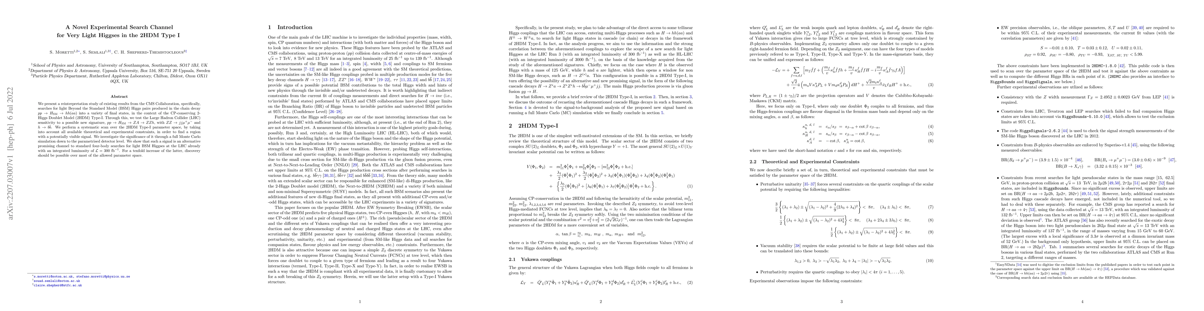 Thumbnail for A Novel Experimental Search Channel for Very Light Higgses in the 2HDM
  Type I