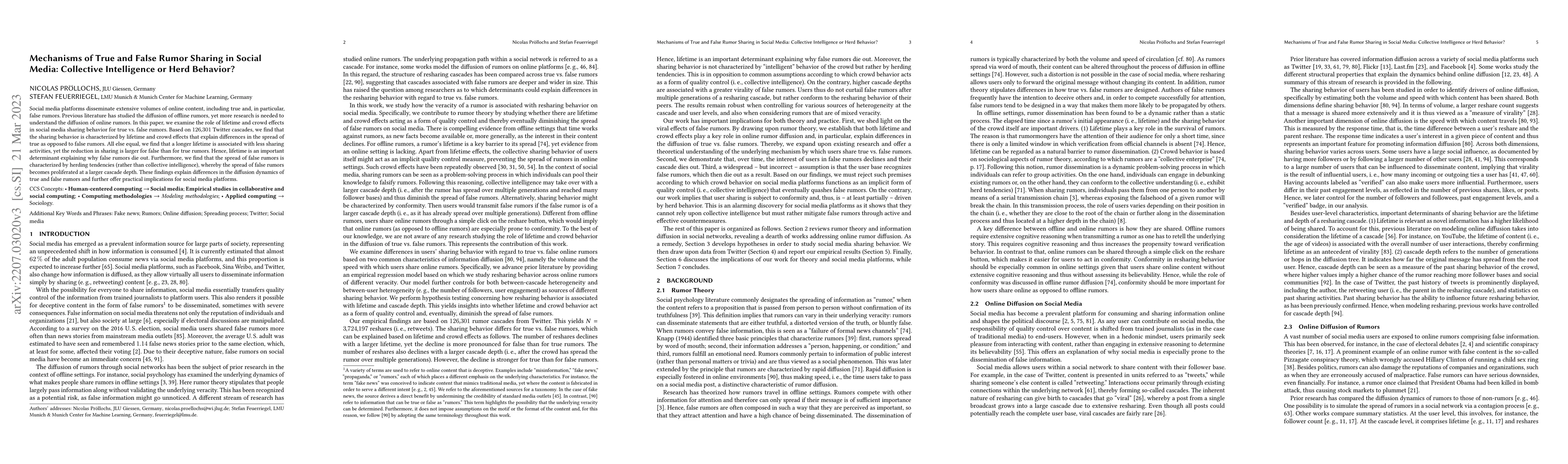 Thumbnail for Mechanisms of True and False Rumor Sharing in Social Media: Collective
  Intelligence or Herd Behavior?