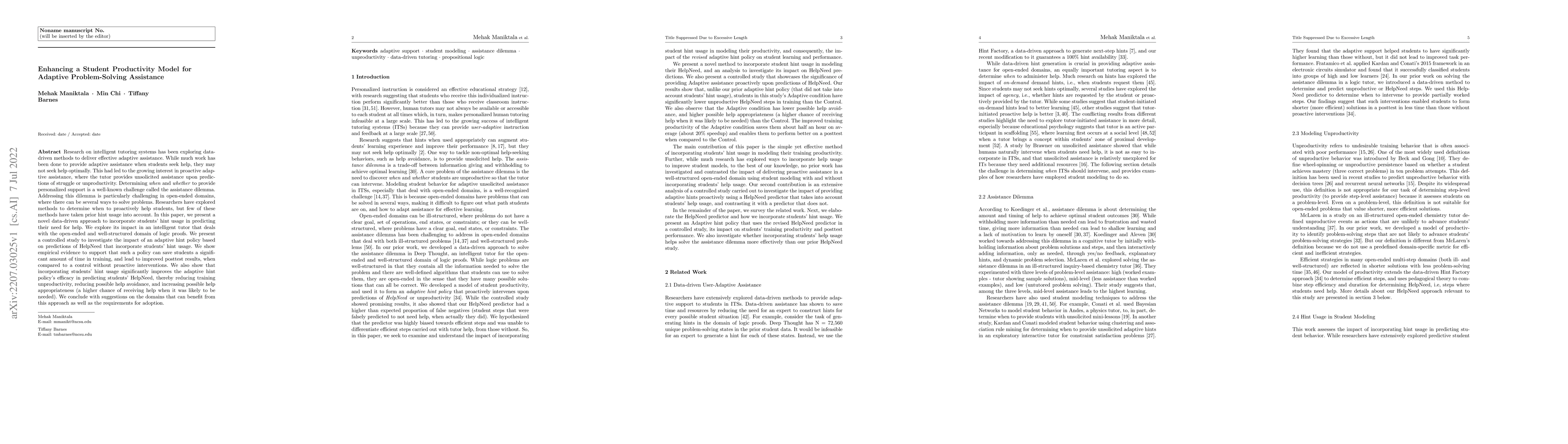 Thumbnail for Enhancing a Student Productivity Model for Adaptive Problem-Solving
  Assistance