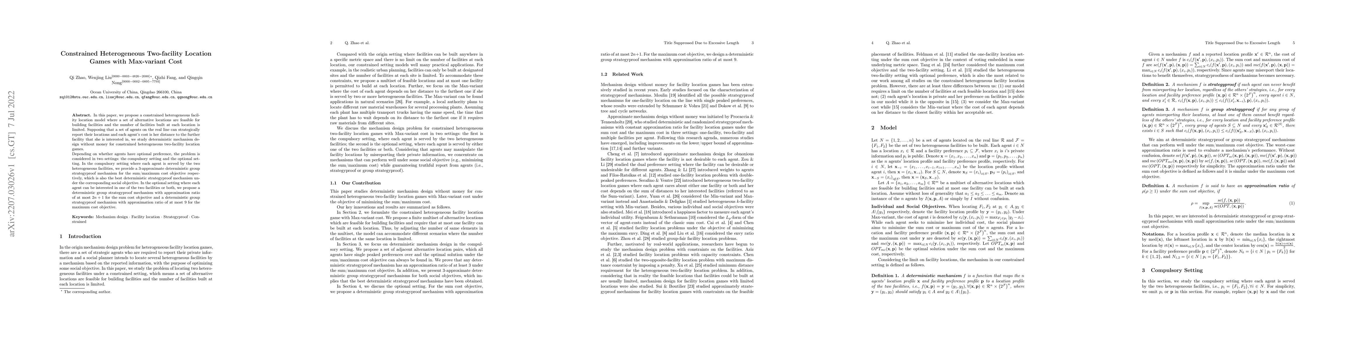 Thumbnail for Constrained Heterogeneous Two-facility Location Games with Max-variant
  Cost